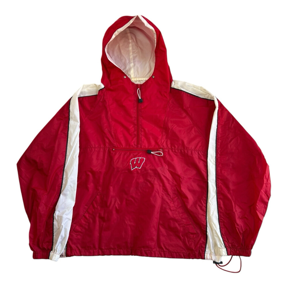 Vintage Wisconsin Badgers Windbreaker Jacket 1/4 Zip Hood Kangaroo Pouch Size XL